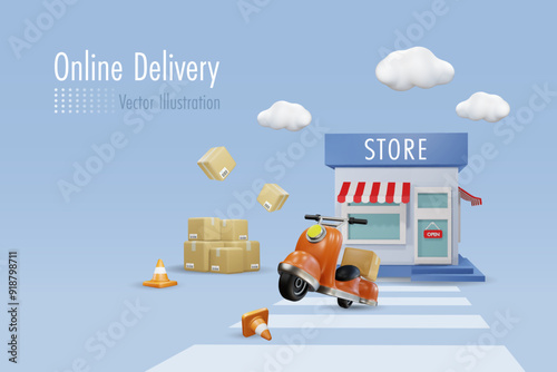 Online delivery service for online shopping. Scooter with shipment box at shopping store. E commerce, online store service technology. 3D vector.