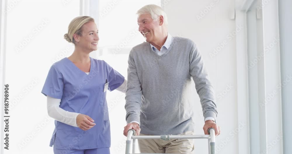 Man, walking frame and nurse care in hospital for leg support, rehabilitation help or patient trust. Old person, woman and steps for elderly mobility strength, recovery assistance or wellbeing plan Man, walking frame and nurse care in hospital for leg support, rehabilitation help or patient trust. Old person, woman and steps for elderly mobility strength, recovery assistance or wellbeing plan