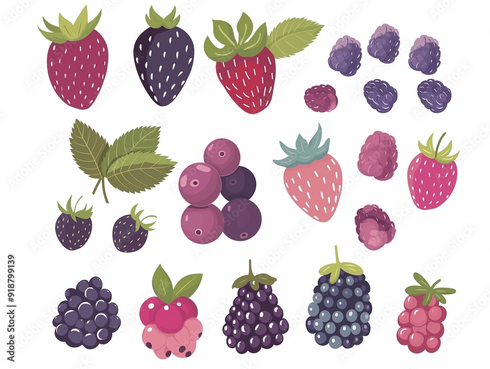 Set of various berries simple illustration. AI generated