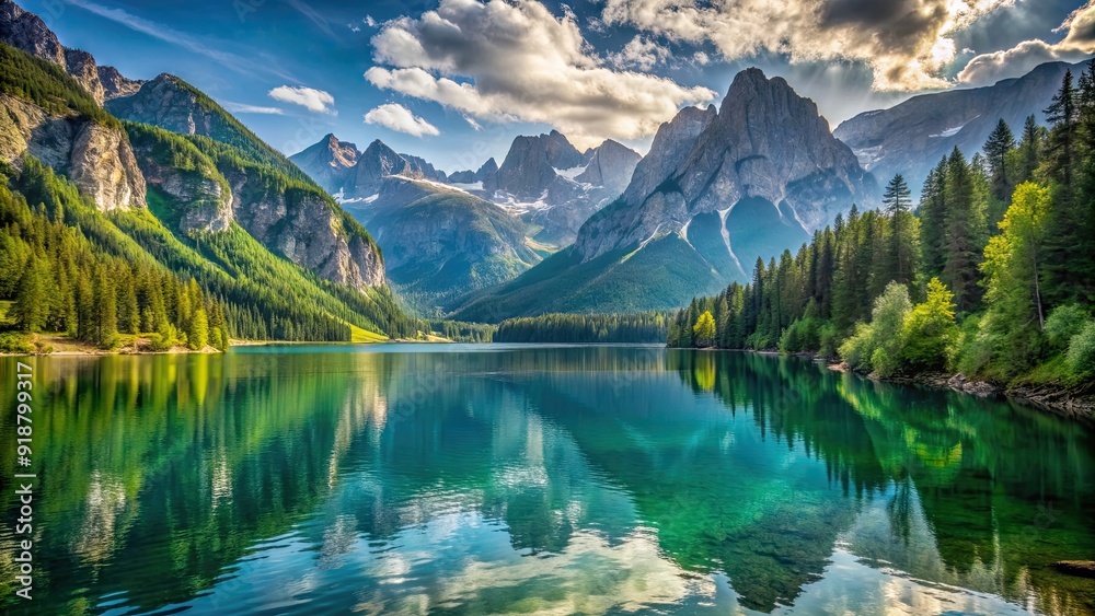 Fototapeta premium Beautiful lake nestled among the towering mountains in a picturesque gorge , serene, tranquil, reflection, mountain