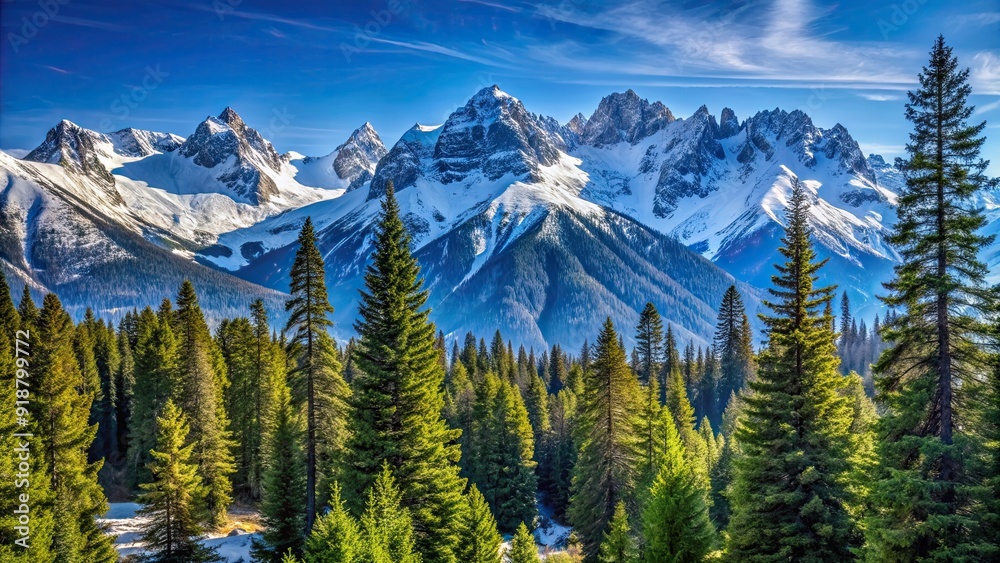 Beautiful panoramic view of snow-capped mountains and pine trees with clear blue sky in the background, mountains, panoramic Beautiful panoramic view of snow-capped mountains and pine trees with clear blue sky in the background, mountains, panoramic
