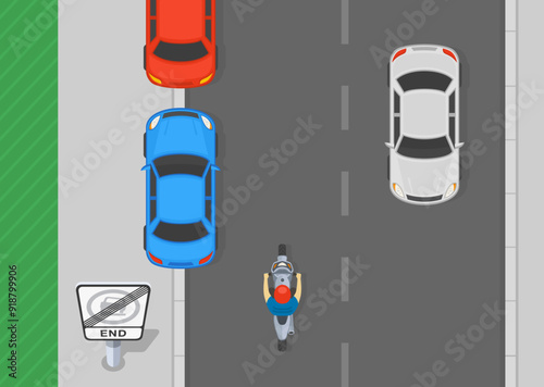 Safe driving tips and traffic regulation rules. "End of no parking on the verge or footway" road sign. Top view of a cars partially parked on footway. Flat vector illustration template.