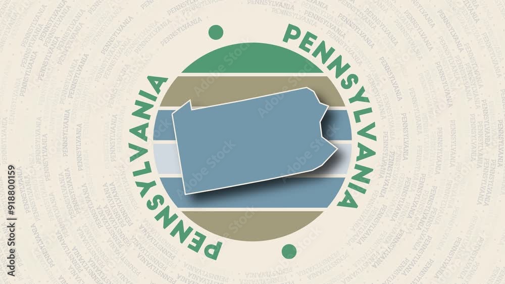 Pennsylvania logo intro. Badge with the circular name and map of the US state. Cool Pennsylvania round logo animation.