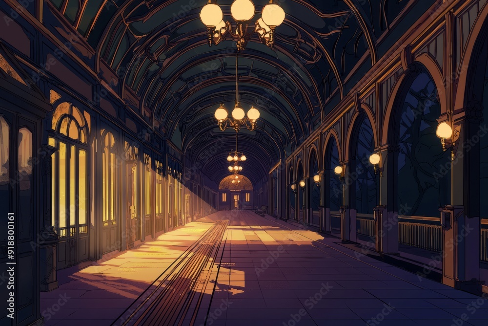 Obraz premium A quaint old train station with wooden archways. Dim light from old chandeliers gives a warm feel, cozy vibe, Generative AI