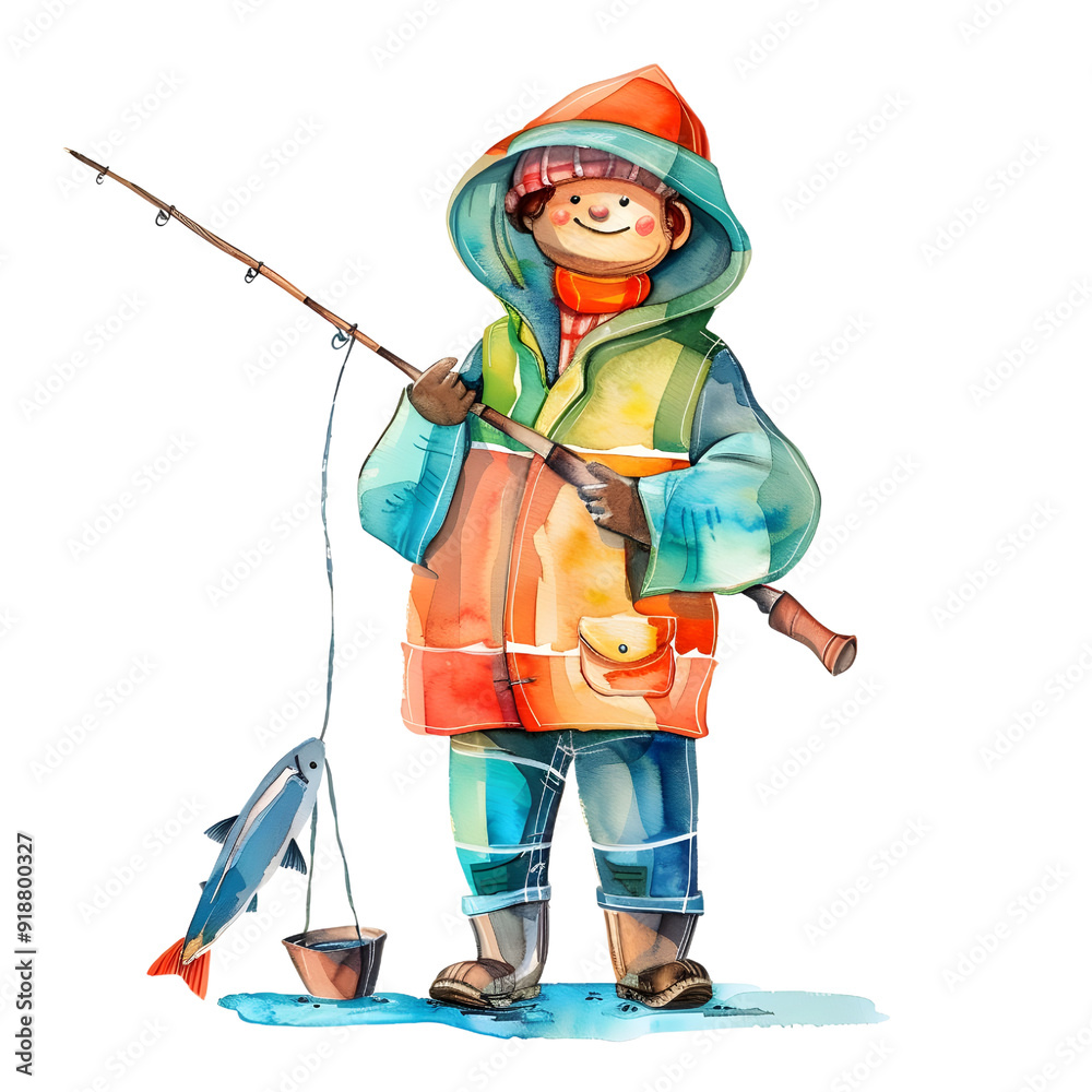 a super cute cartoon fisherman, fishing, full body, colorful, single object, watercolor illustration a super cute cartoon fisherman, fishing, full body, colorful, single object, watercolor illustration