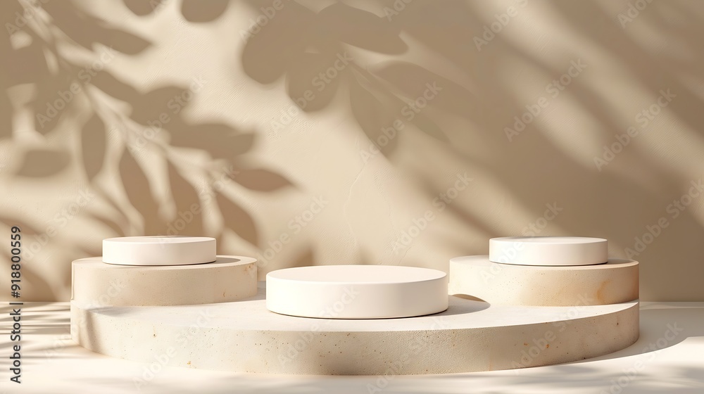 Three beige light podium for cosmetic product presentation : Generative AI Three beige light podium for cosmetic product presentation : Generative AI