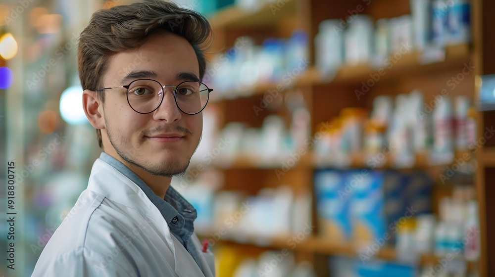 Fototapeta premium A young pharmacy intern doing inventory at the pharmacy shop as a part of their internship He wears glasses and a white pharmacy coat He is in front of a counter Blurry background with : Generative AI