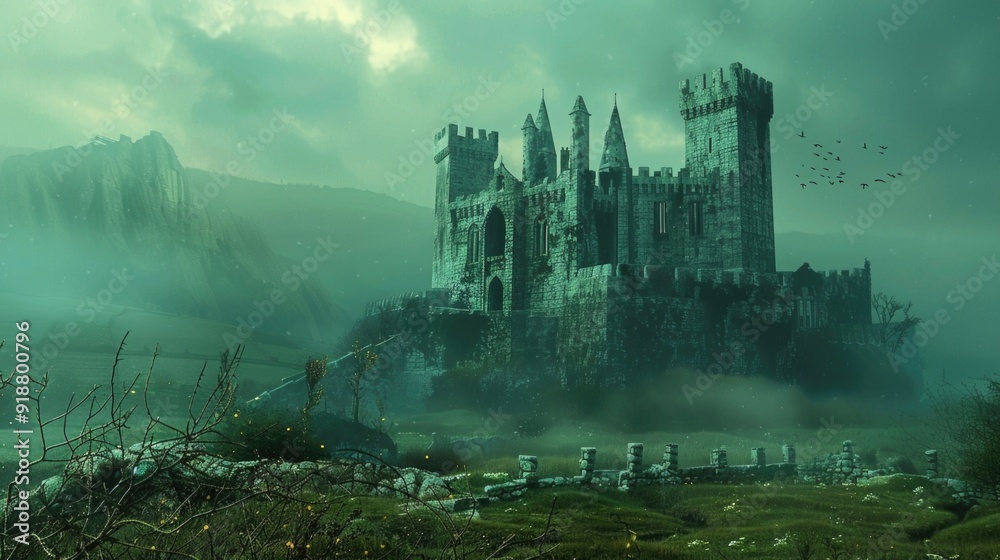 Fototapeta premium A medieval-style castle situated amidst lush greenery