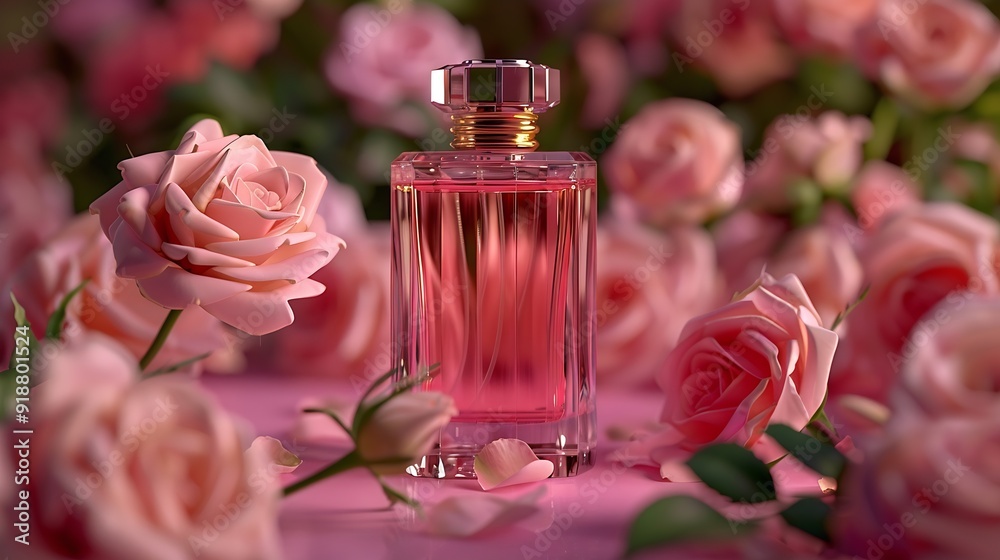 Front view of a transparent perfume bottle with a luxurious design surrounded by fresh roses on a pink background Mockups for advertising : Generative AI Front view of a transparent perfume bottle with a luxurious design surrounded by fresh roses on a pink background Mockups for advertising : Generative AI