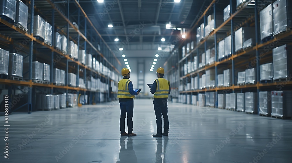 Obraz premium Industry 40 Modern Factory Two Engineers in Empty Warehouse Use Digital Tablet Computer with Augmented Reality Software For a Room Mapping Doing 3D Factory Floor Layout High Angle Shot : Generative AI