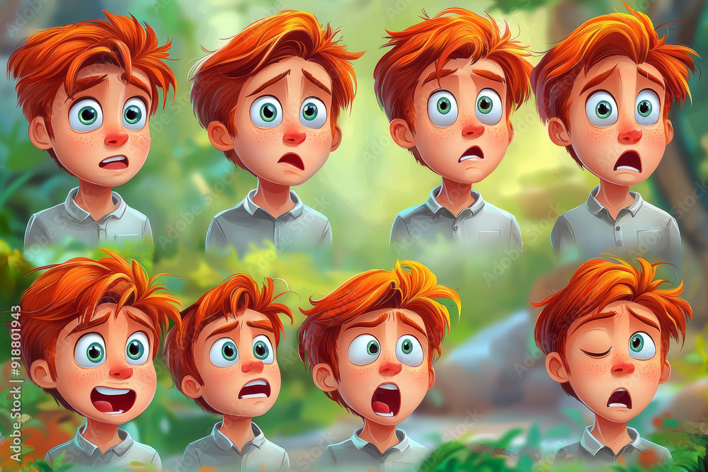 Emotional face cartoon character young office man 3/4 side view design vector illustration set. Happy, smiling, upset, surprised, sad, angry, shouting red hair person flat style concept Emotional face cartoon character young office man 3/4 side view design vector illustration set. Happy, smiling, upset, surprised, sad, angry, shouting red hair person flat style concept