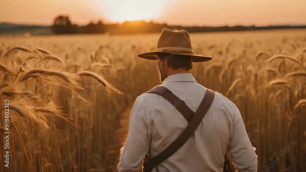 From behind, a Caucasian male farmer in a hat is captured walking along a trail that winds through a golden wheat field, set against the backdrop of a magnificent sunset From behind, a Caucasian male farmer in a hat is captured walking along a trail that winds through a golden wheat field, set against the backdrop of a magnificent sunset