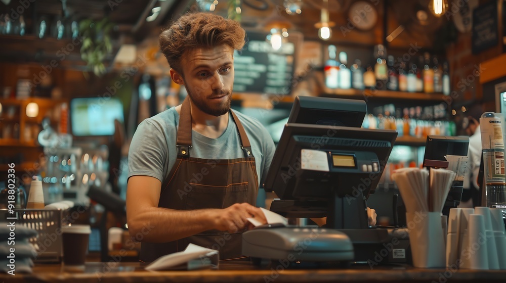 Young caucasian man in apron working with cash box in coffee shop behind the counter Male worker barista waiter manager administrator checking order on digital cash register Business c : Generative AI Young caucasian man in apron working with cash box in coffee shop behind the counter Male worker barista waiter manager administrator checking order on digital cash register Business c : Generative AI