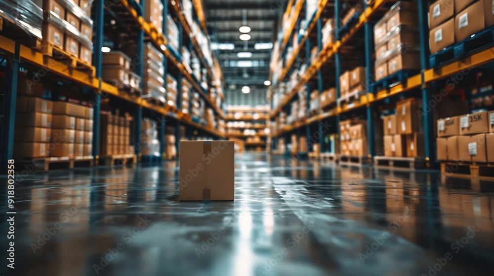 Rows of shelves with boxes Interior of warehouse : Generative AI Rows of shelves with boxes Interior of warehouse : Generative AI