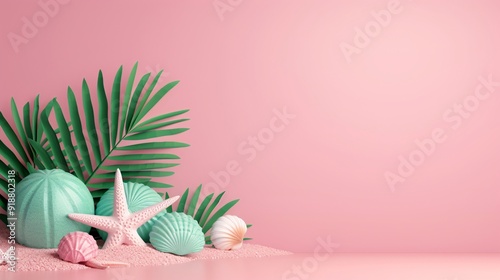 beach scene summer concept with sea shells, starfish, sand and palm on a pink background.