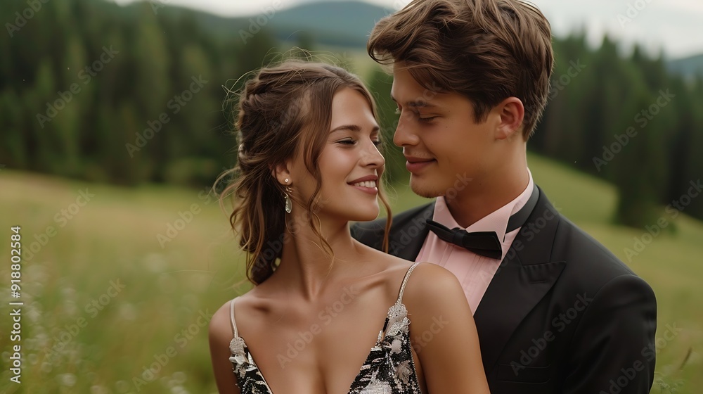 A beautiful young couple elegantly dressed standing in a lush green field embodying a classic and sophisticated lifestyle : Generative AI