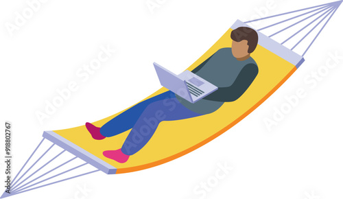 Freelancer is working remotely, lying in a hammock with his laptop on a tropical island