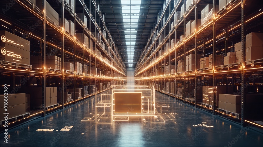Fototapeta premium Futuristic Technology Retail Warehouse: Digitalization and Visualization of Industry 4.0 Process that Analyzes Goods