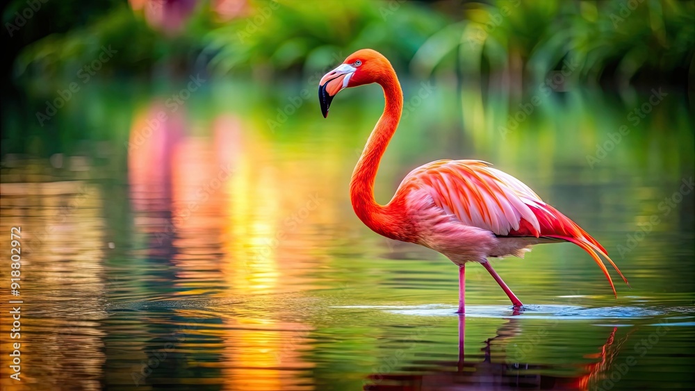 Fototapeta premium Beautiful close-up photo of a vibrant pink flamingo standing gracefully in water , wildlife, exotic, bird, tropical, nature