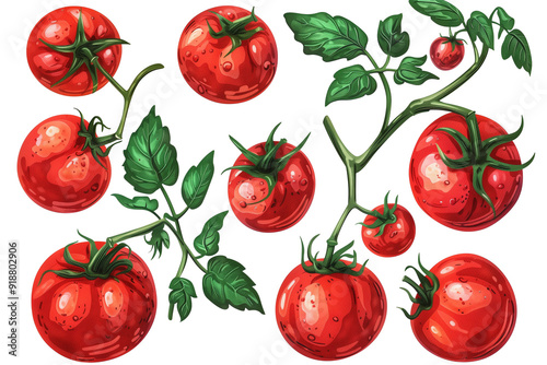  Fresh tomatoes surrounded by green leaves illustrations set