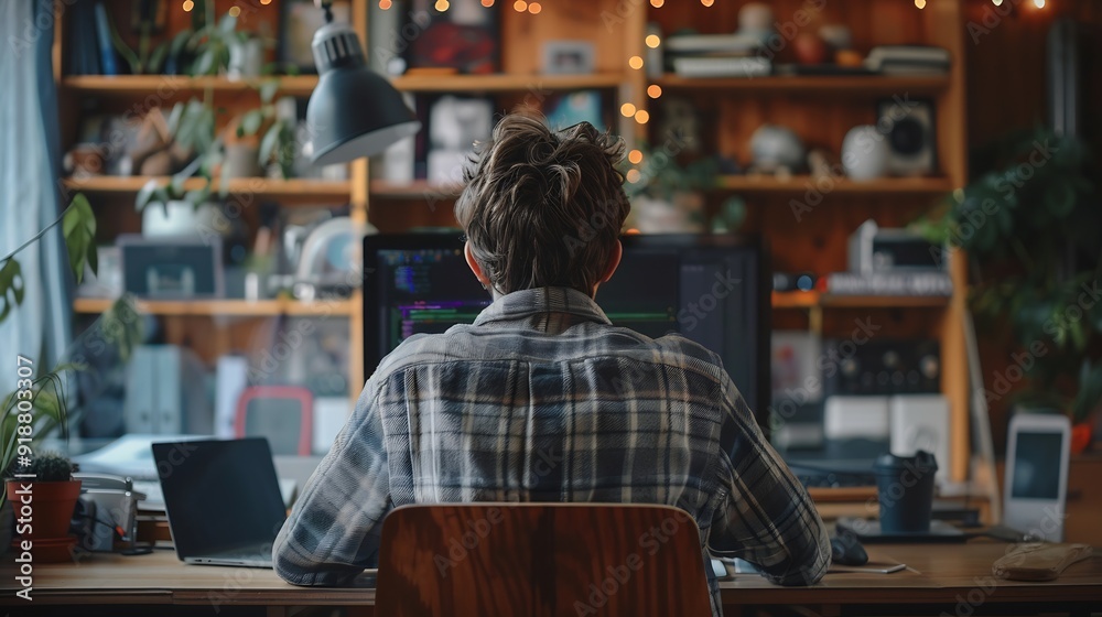 Rear view of young man sitting at his workspace and using smartphone Blank screen for graphics display montage : Generative AI Rear view of young man sitting at his workspace and using smartphone Blank screen for graphics display montage : Generative AI