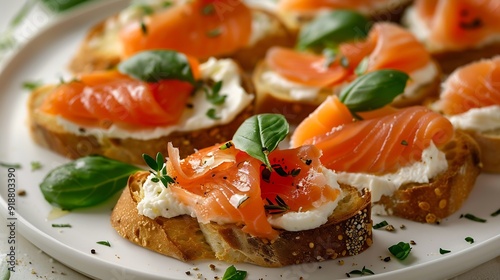 Bruschetta with smoked trout slices and cream cheese on baguette on white plate Top view : Generative AI