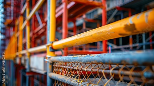 Construction building site with framework railing guard walkway on the building for workers to work guardrail to protect building safety for contractors engineers from falling and avoi : Generative AI
