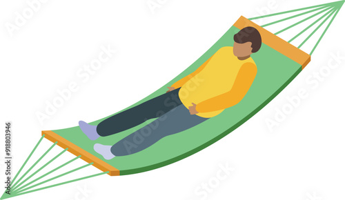 Isometric view of a young man relaxing lying on a green hammock