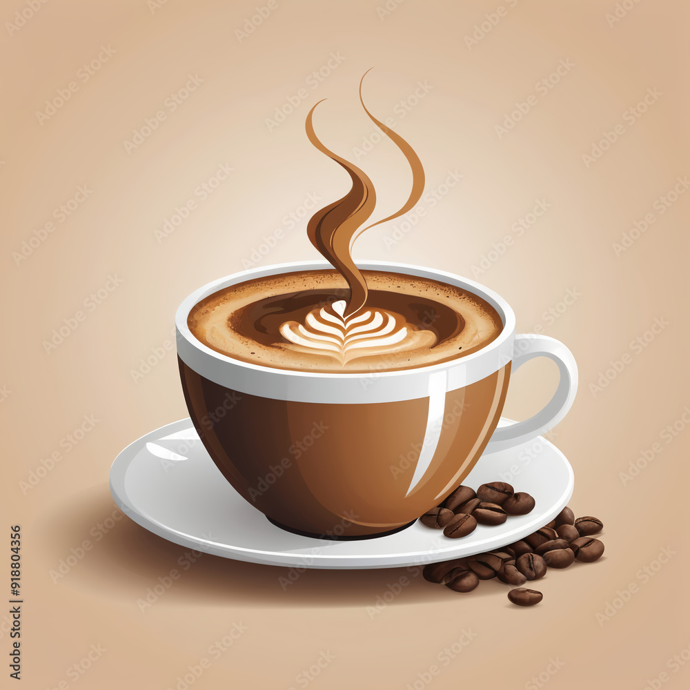 Obraz premium Steaming latte art coffee cup with saucer and coffee beans, vector illustration on warm beige background 