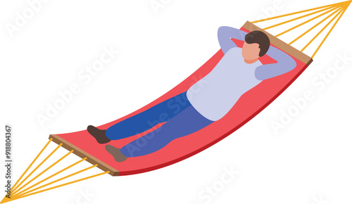 Young man relaxing lying in red hammock with hands behind his head