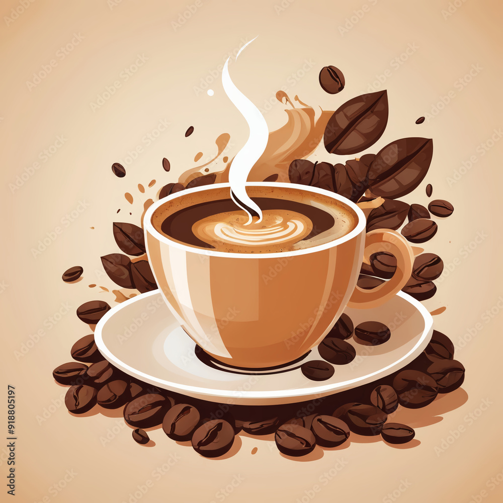 Obraz premium Coffee cup with latte art, surrounded by coffee beans and leaves, steaming hot drink, vector illustration on beige background 