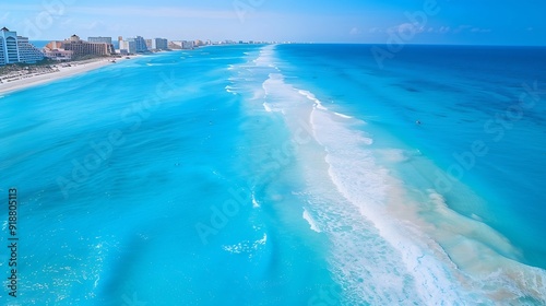 Cancun beach with resorts near blue ocean : Generative AI