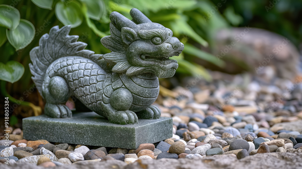 Stone dragon statue in a garden, surrounded by pebbles and greenery, symbolizing strength, protection, and cultural heritage. Stone dragon statue in a garden, surrounded by pebbles and greenery, symbolizing strength, protection, and cultural heritage.