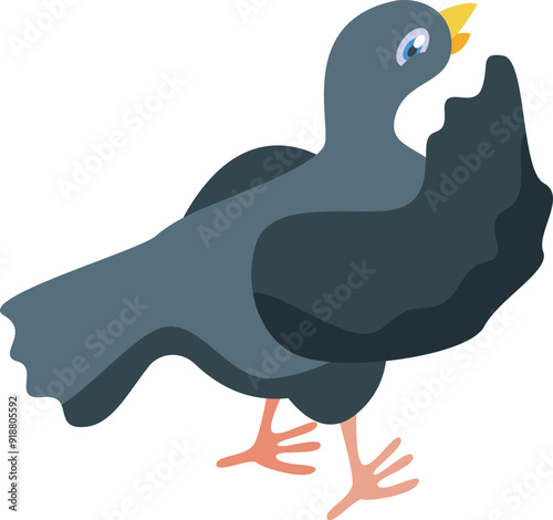 Gray city pigeon walking and turning its head back, isometric view