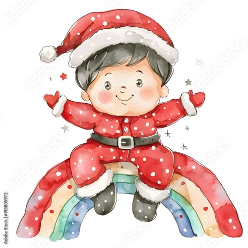 a super cute cartoon santacaus costume sitting on the rainbow, full body, single object, watercolor illustration
