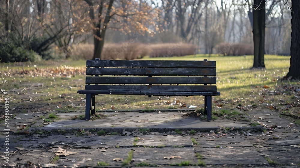 Single empty park bench on concrete slab Early spring No people : Generative AI Single empty park bench on concrete slab Early spring No people : Generative AI