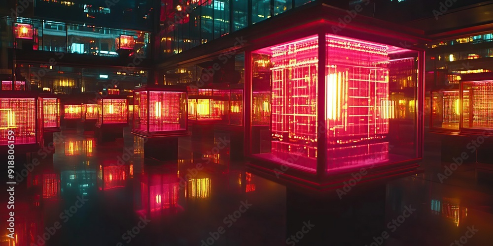 Neon Illuminated Cubes in Reflective Modern Space Neon Illuminated Cubes in Reflective Modern Space