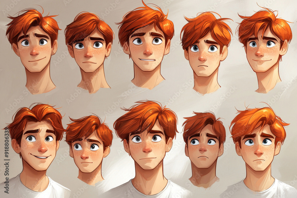 Emotional face cartoon character young office man 3/4 side view design vector illustration set. Happy, smiling, upset, surprised, sad, angry, shouting red hair person flat style concept Emotional face cartoon character young office man 3/4 side view design vector illustration set. Happy, smiling, upset, surprised, sad, angry, shouting red hair person flat style concept