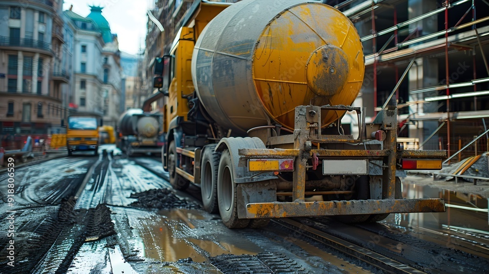 Industrial Machinery at Work as Cement Mixer Truck Heads to Construction Zone : Generative AI Industrial Machinery at Work as Cement Mixer Truck Heads to Construction Zone : Generative AI