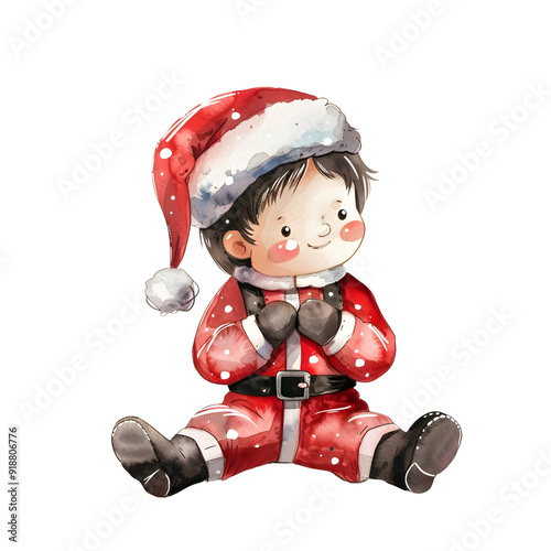 a super cute cartoon santacaus costume sitting on the Astronaut, full body, single object, watercolor illustration photo