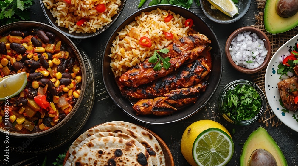Dominican food flat lay composition : Generative AI Dominican food flat lay composition : Generative AI