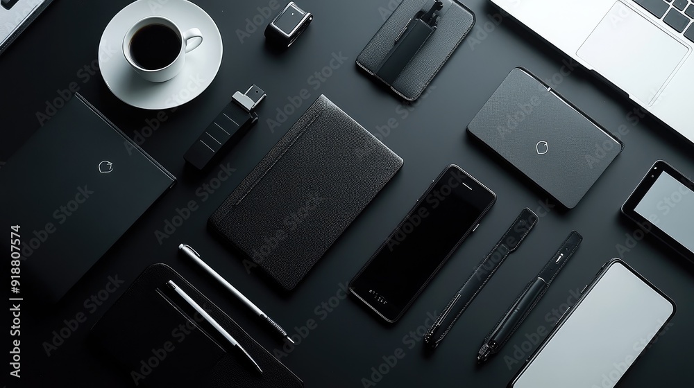 Minimalist office desk with sleek tech gadgets and a cup of coffee Minimalist office desk with sleek tech gadgets and a cup of coffee