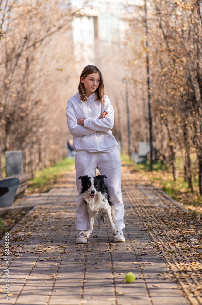 Caucasian woman walking with a dog in the park in autumn. The Border Collie jumps very high. Caucasian woman walking with a dog in the park in autumn. The Border Collie jumps very high.