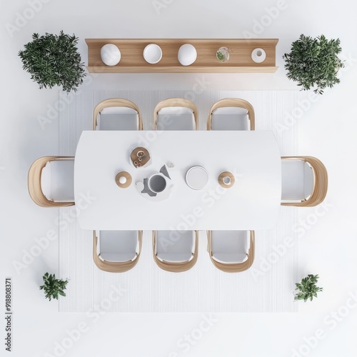 Top down view, 3D Render of a minimalist dining room with a white table, floor plan, on isolated white background