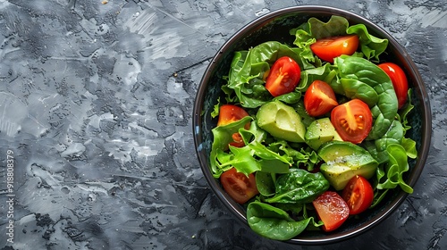 Avocado and fresh tomatoes salad in bowl on gray stone background top view Concept Food For Parties Fast Food Healthy lunch Food delivery in disposable plate of craft paper : Generative AI