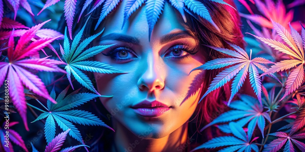 Portrait with Neon-Lit Cannabis Leaves in Bold Hues Portrait with Neon-Lit Cannabis Leaves in Bold Hues