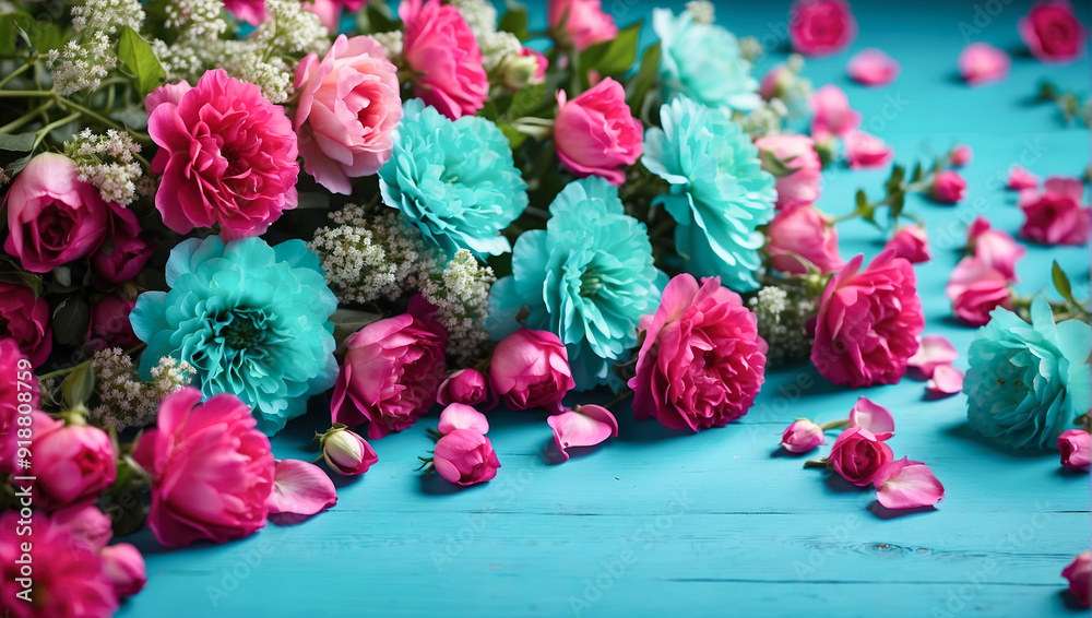 A lush array of orange, turquoise, and pink flowers on a turquoise background, evoking a festive and cheerful mood. A lush array of orange, turquoise, and pink flowers on a turquoise background, evoking a festive and cheerful mood.