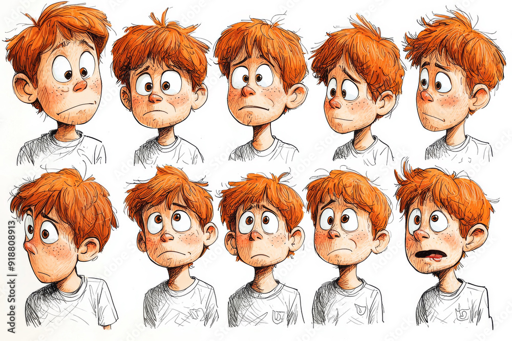 Emotional face cartoon character young office man 3/4 side view design vector illustration set. Happy, smiling, upset, surprised, sad, angry, shouting red hair person flat style concept Emotional face cartoon character young office man 3/4 side view design vector illustration set. Happy, smiling, upset, surprised, sad, angry, shouting red hair person flat style concept
