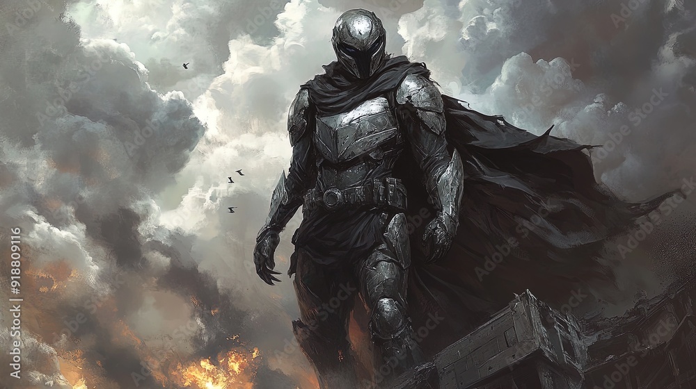 Apocalyptic Vigilante: A Striking Poster of a Silver and Black Armored Hero on a Ruined Skyline Amid Stormy Chaos - Perfect for Urban Sports Interiors! Apocalyptic Vigilante: A Striking Poster of a Silver and Black Armored Hero on a Ruined Skyline Amid Stormy Chaos - Perfect for Urban Sports Interiors!