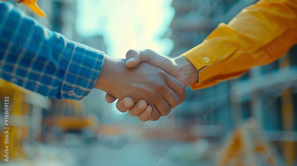 Construction workers architects and engineers shake hands while working ...